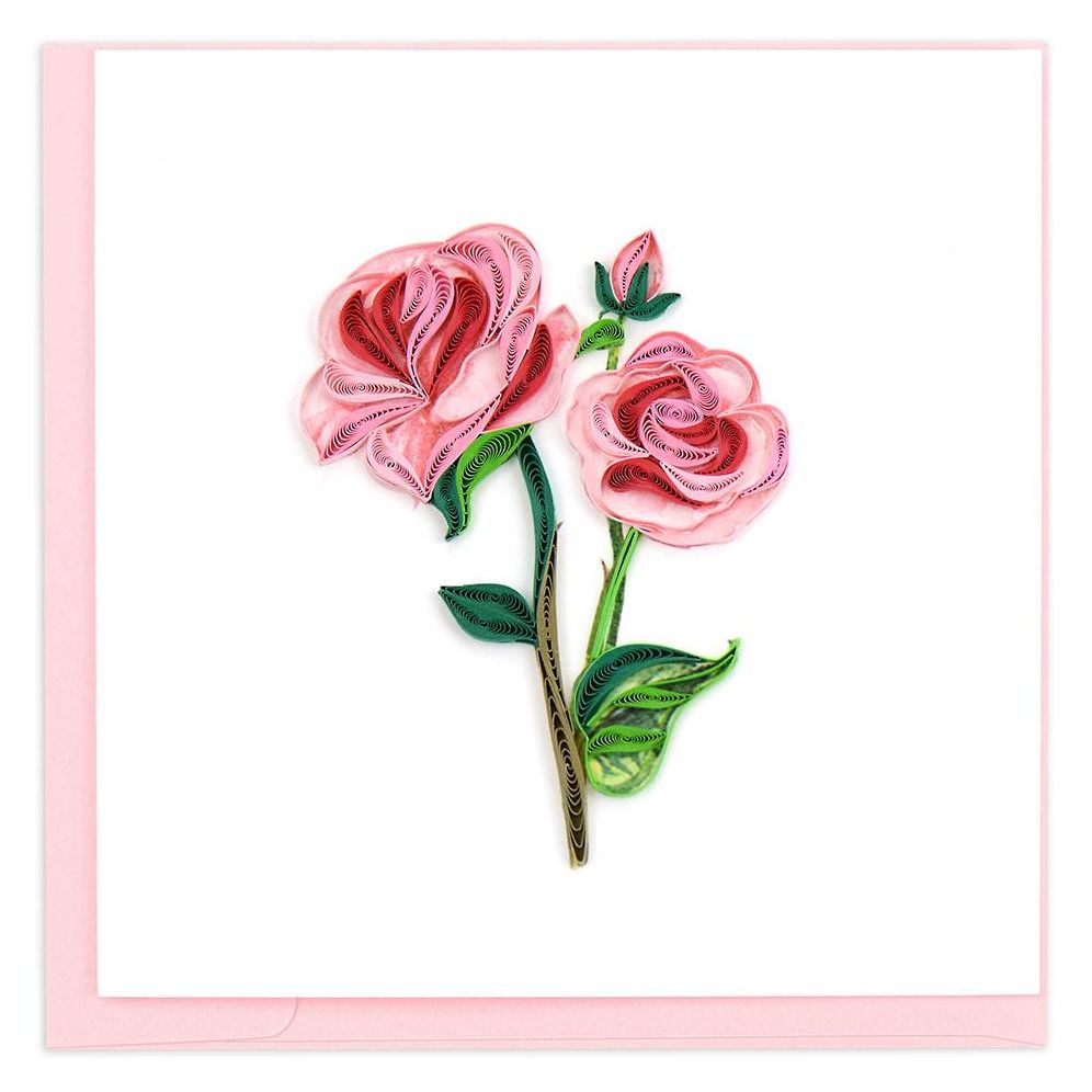 Quilled I Love You Long Stem Pink Roses Greeting Card
