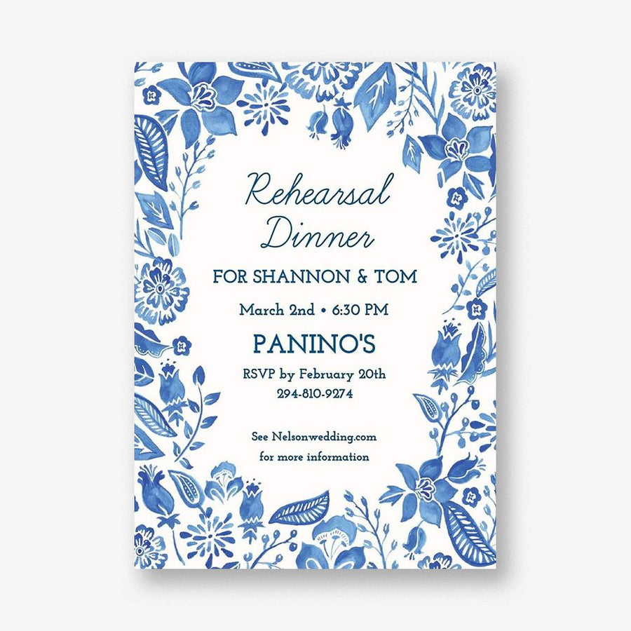 Blue Floral Rehearsal Dinner Invitation